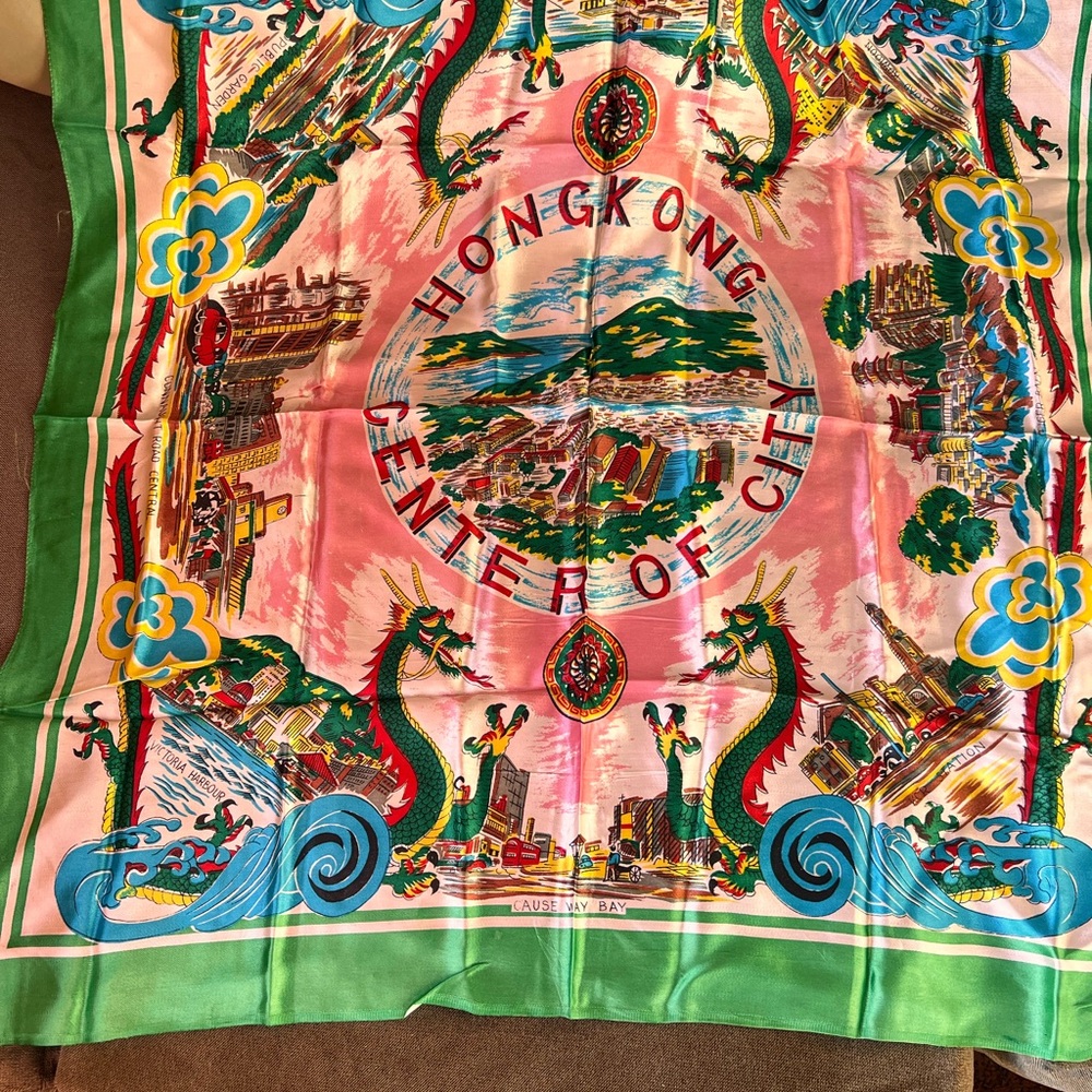Vintage Silky Scarf Hong Kong China Center Of City Souvenir 1950's 30”x30” READ